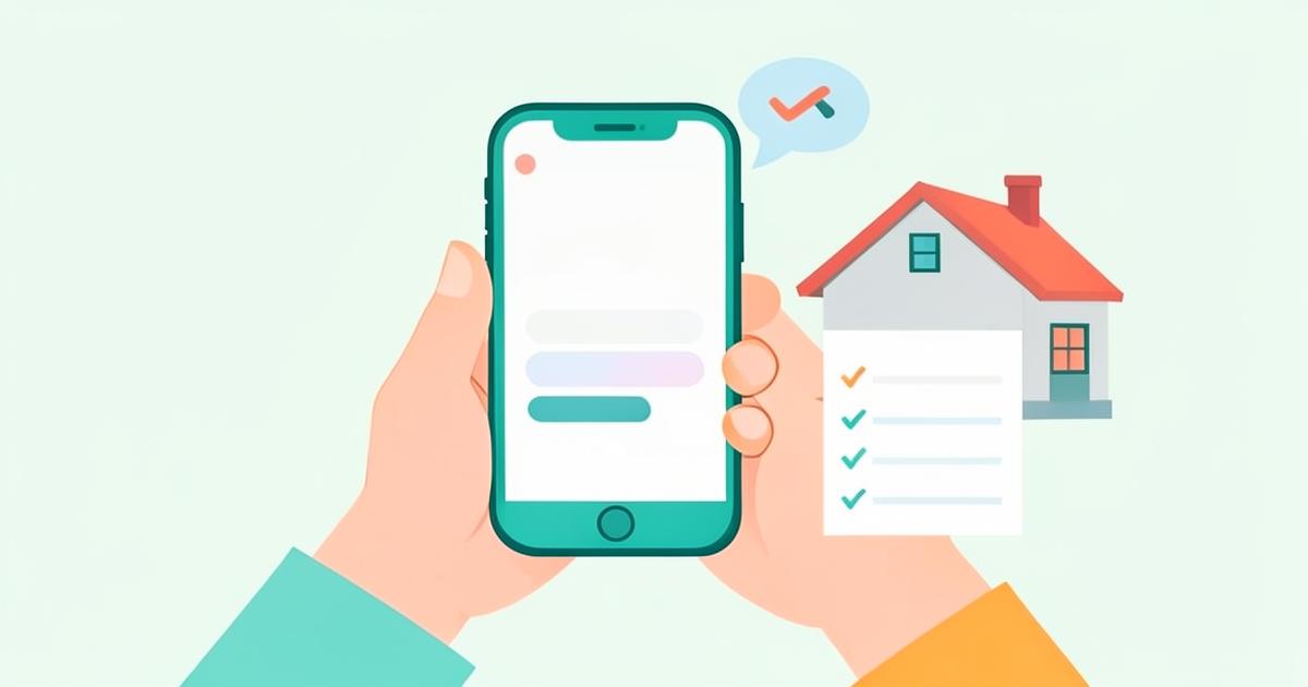 Illustratie van een telefoon met een vinkje naast een huis en een checklist