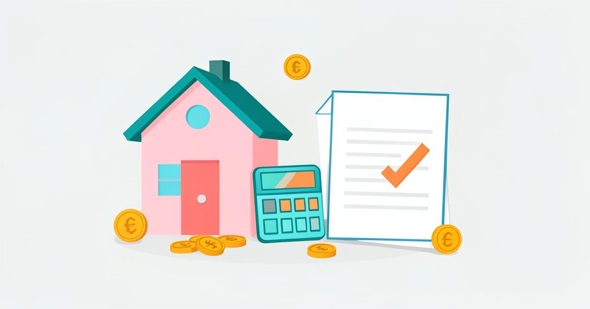 Illustratie van een huis met een hypotheekdocument, rekenmachine en munten
