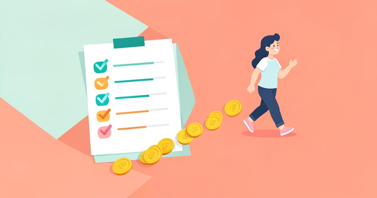 Illustratie van een checklist die uitloopt in een pad met munten